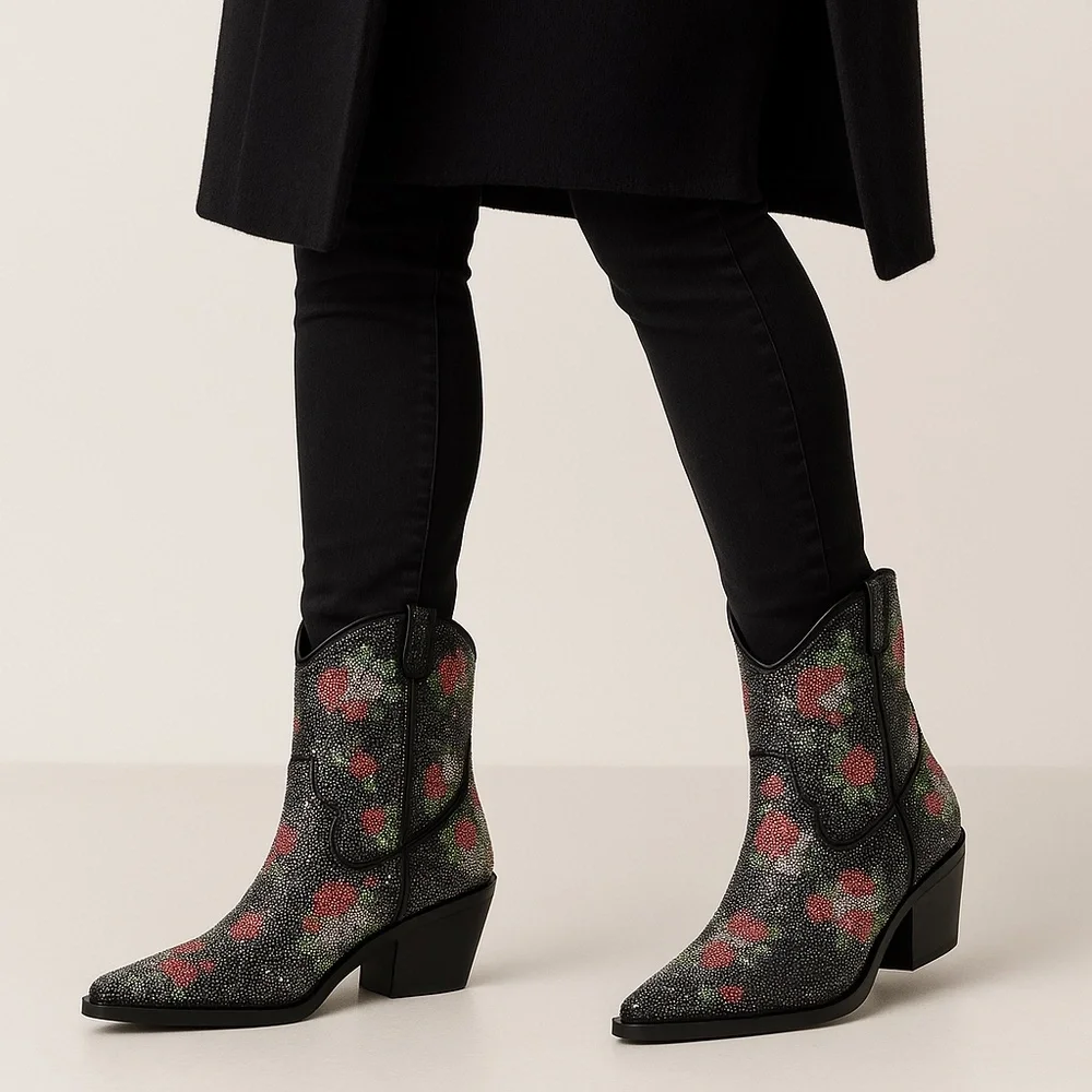 Wild Pair Lacey Floral Rhinestone Western Booties Black Size 7 & 10 , NEW - Picture 7 of 11